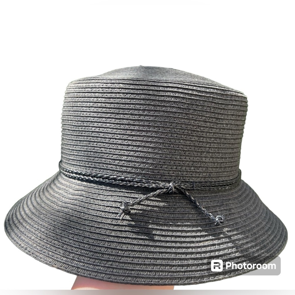 Nine West Black Straw Hat Kooringal Women's Short Brim Jute Braid Tie knot
